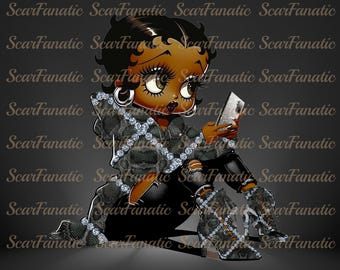 Schwarze Betty Boop in Schlangenleder grün und schwarzen Kapuzenpullover, zerrissene Jeans, Schlangenleder Stiefel mit Strasssteinen, Sublimation, PNG, DTF, 300DPI, braune Haut