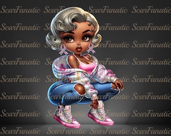 May include: A digital illustration of a woman with pink and white hair wearing a pink and white jacket, blue jeans, and pink and white trainers. She is wearing a pink ribbon on her ear and a pink ribbon on her jacket. The background is a dark grey.