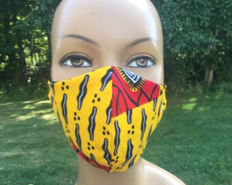 100% Cotton Ankara African Print Face Mask/yellow black red white/ MADE IN USA Washable