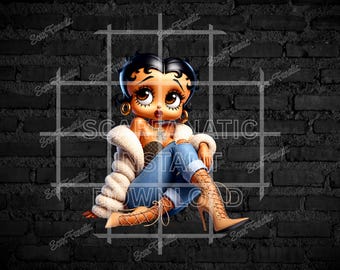 Betty Boop in beige fur coat, blue jeans, high fashion, brown and tan, sitting classy, brown eyes, Sublimation, PNG, DTF, high resolution