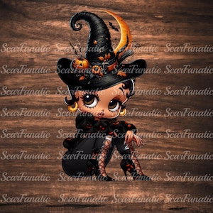 May include: A cartoon witch with large eyes and a black witch's hat with a crescent moon and bats. She is wearing a black dress with a spiderweb pattern and black lace-up boots. The background is a woodgrain pattern.