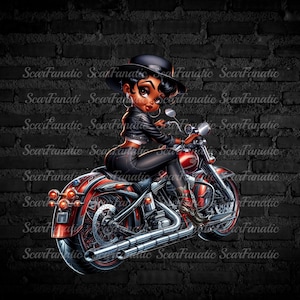 Puede incluir: Una ilustración de dibujos animados de una mujer con piel oscura montando una motocicleta roja. Lleva una chaqueta de cuero negra, pantalones negros y un sombrero negro. La motocicleta tiene un marco cromado y ruedas negras.