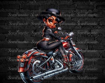 Black Betty Boop Riding Motorcyle in Leather and Denim, high heel boots, black hat, PNG Bundle, Sublimation, Red and Black, 2 files