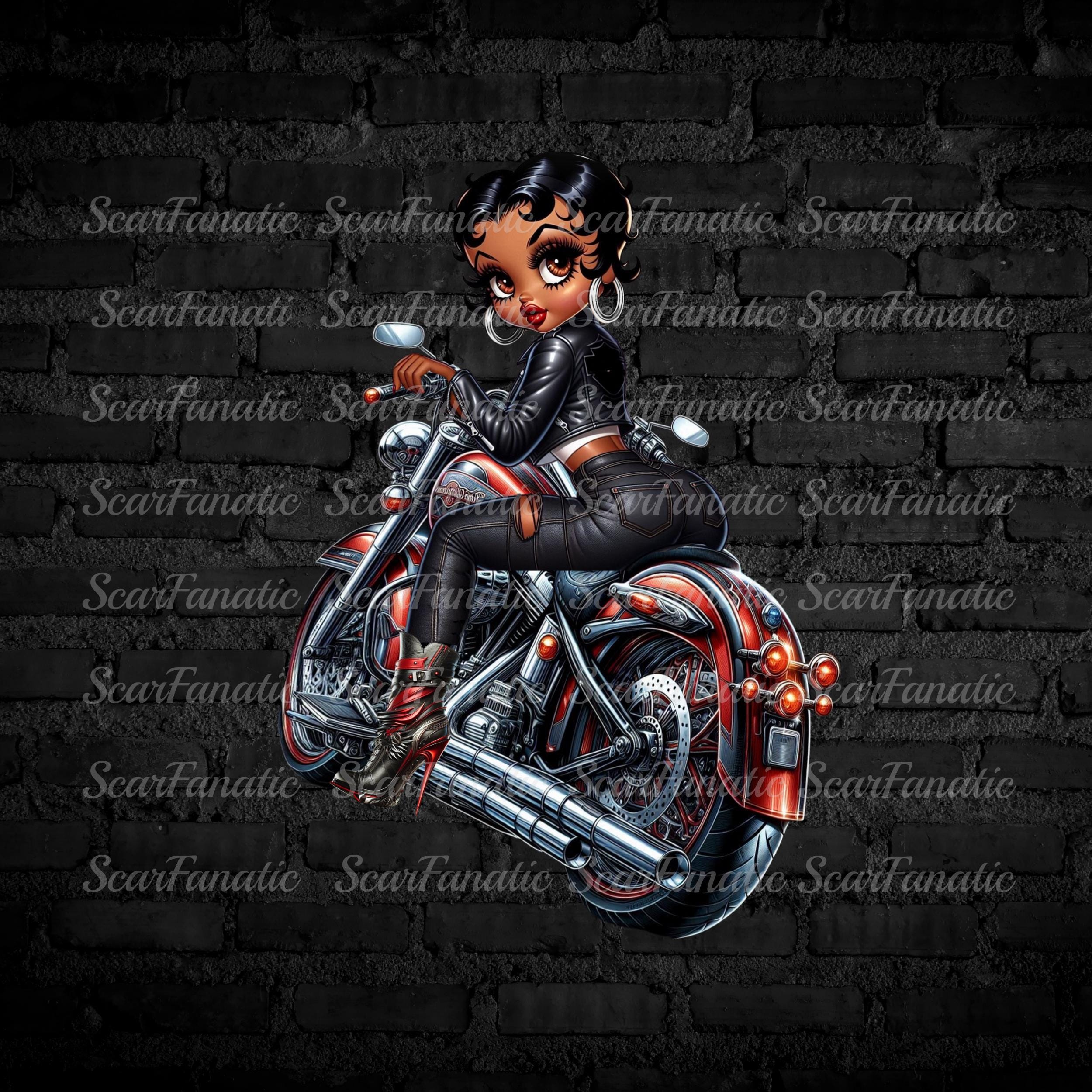 Black Betty Boop Riding Motorcyle in Leather and Denim, High Heel