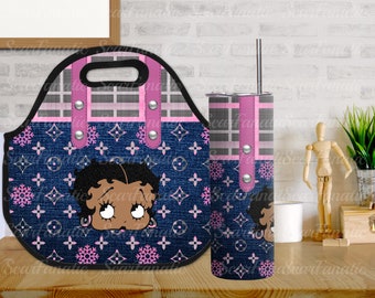Pink Plaid Blue Denim and Leather Betty Purse Look 20oz Skinny Tumbler and Lunch Tote Design PNG Instant Download Bundle 2 for 1
