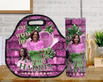 Kamala Harris AKA Sorority Colors 20oz Skinny Tumbler and Lunch Tote Design PNG Bundle Pink and Green Election 2024, I&#39;m with her, Pearls