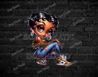 Black Betty Boop in tan shirt, ripped blue jeans, sneakers, classy pose, Sublimation, PNG, DTF, high resolution, African American