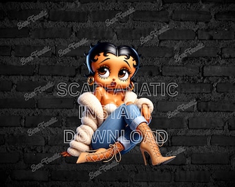 Betty Boop in beige coat, blue jeans, high heel beige boots, sitting classy, brown eyes, Sublimation, PNG, DTF, high resolution