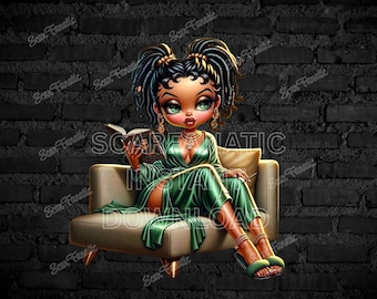 Black Betty Boop in green nightgown reading a book with bedroom slippers, green eyes, lounger, Sublimation, PNG, DTF, African American