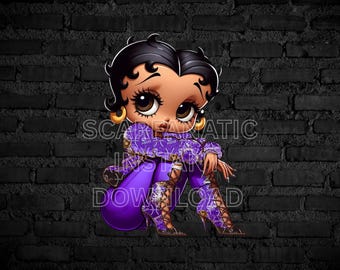 Pisces Betty Boop in purple and brown jacket, purple jeans, and high heels, Zodiac Sun Sign, Instant Download PNG, not a physical item