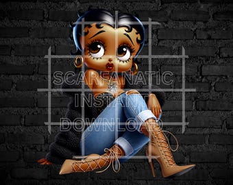 Black Betty Boop in black fur coat, black and silver shirt, blue jeans, high fashion, classy, Sublimation, PNG, DTF, OOAK, high quality