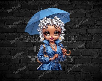Black Betty Boop in blue rain coat holding an umbrella, Platinum Blonde Hair, Classy, Brown Eyes, Sublimation, PNG, DTF, African American