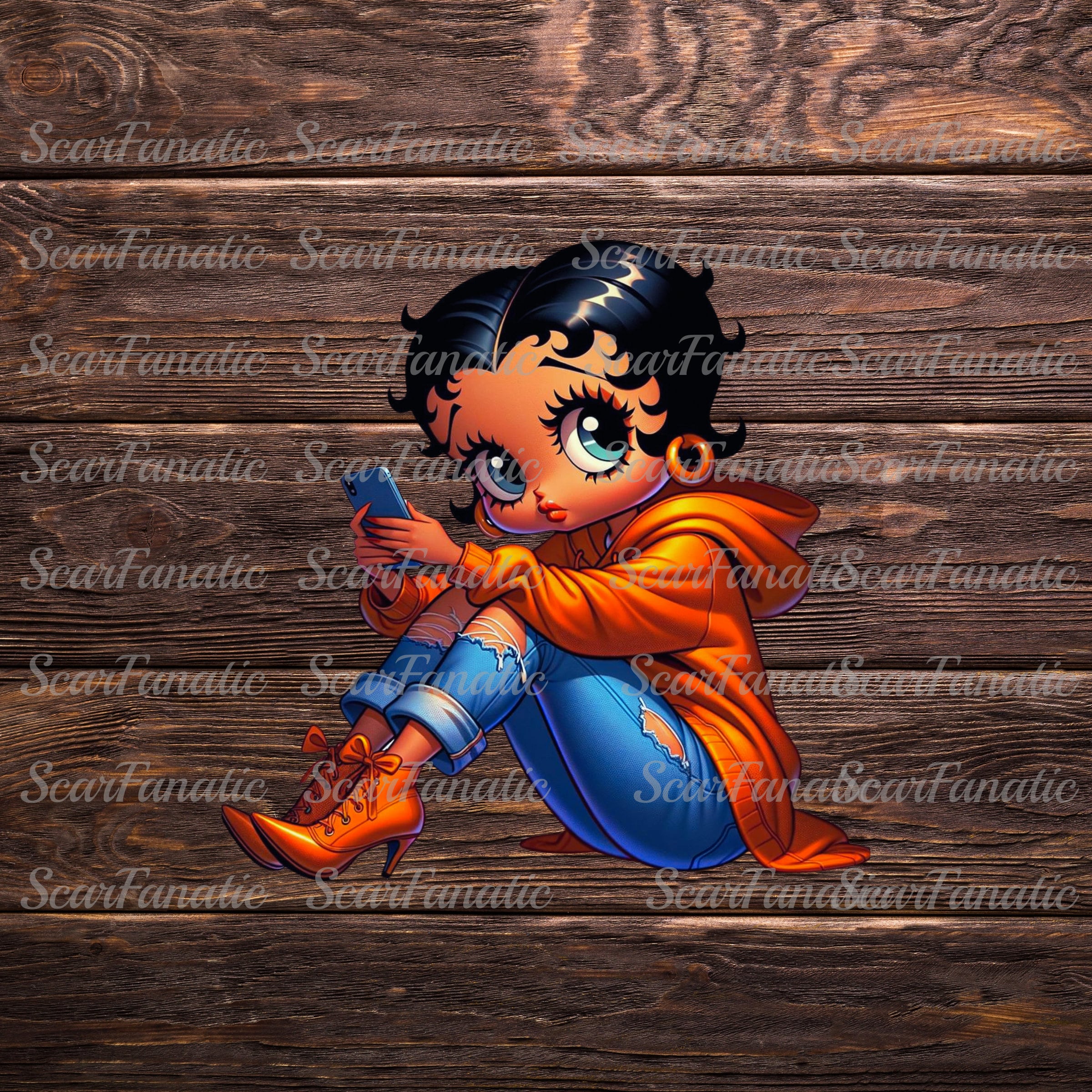 Betty Boop in Orange Hoodie, Ripped Jeans, High Heel Boots