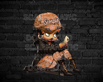 Black Betty Boop in Orange denim Scorpio hat, Orange Scorpio jeans, Brown hoodie, brown heels, Instant Download PNG, not a physical item
