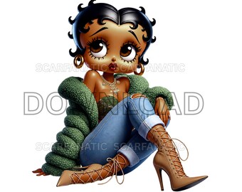 Black Betty Boop in green fur coat, green and brown shirt, blue jeans, high fashion, classy, Sublimation, PNG, DTF, OOAK, high quality