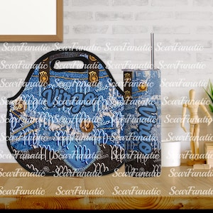 May include: A blue denim-style lunch bag and tumbler set. The lunch bag and tumbler feature the word "Virgo" in a stylized font, along with the Virgo zodiac symbol. The set includes a stainless steel straw.