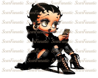 Betty Boop in black hoodie, ripped jeans, high heel boots, Sublimation, PNG, DTF, 300DPI, high resolution, Caucasian