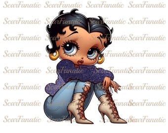 May include: A cartoon illustration of a woman with black hair, blue eyes, and red lips. She is wearing a purple glitter sweater, blue jeans, and white boots. She is sitting with her legs crossed and her arms crossed.