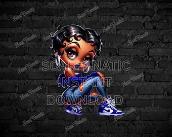 Black Betty Boop in midnight blue shirt, ripped blue jeans, sneakers, classy pose, Sublimation, PNG, DTF, high resolution, African American