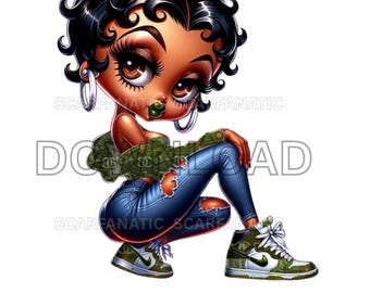 Black Betty Boop in green and brown, ripped blue jeans, sneakers, classy pose, Sublimation, PNG, DTF, high resolution, African American