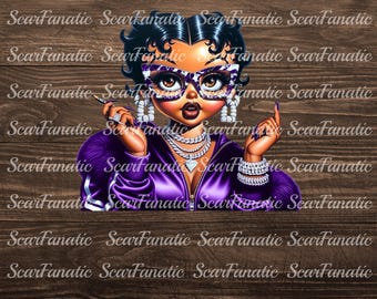May include: Digital illustration of a woman with dark skin, wearing a purple tracksuit, glasses, and jewelry. The image has a cartoon style with the text "ScarFanatic" repeated across a wooden background.