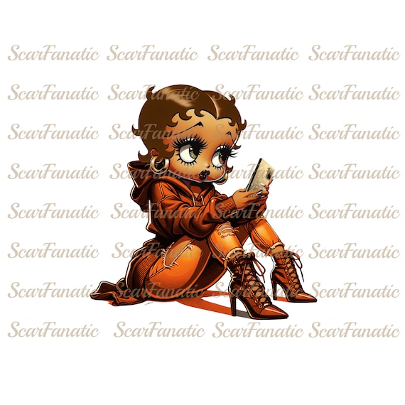 Black Betty Boop in orange hoodie, ripped jeans, high heel boots, brunette hair, Sublimation, PNG, DTF, 300DPI, high res, African American