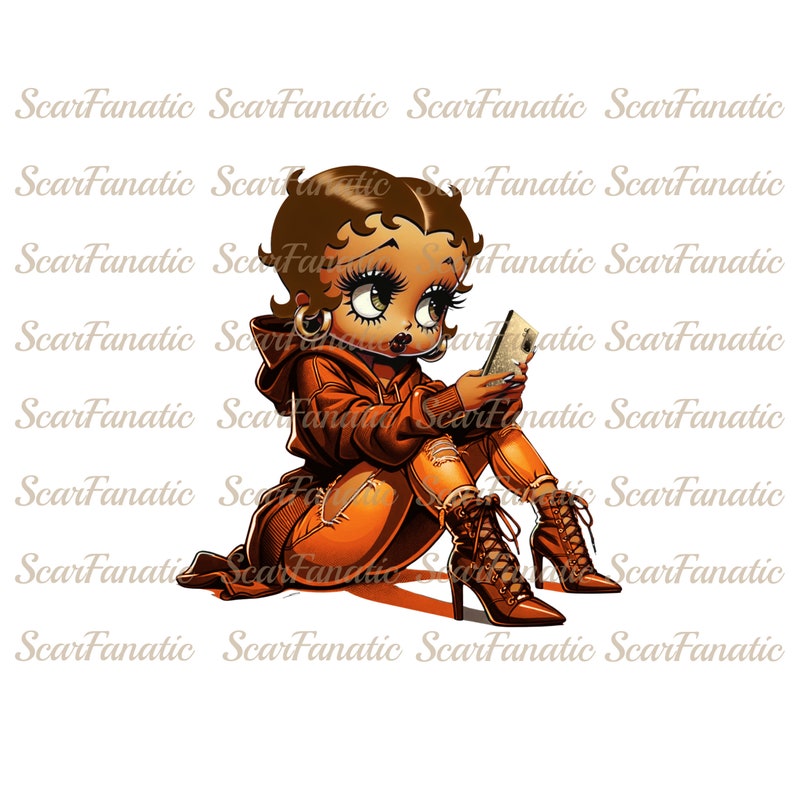 May include: A cartoon illustration of a woman with brown hair and brown eyes wearing a brown jacket, ripped jeans, and brown boots. She is sitting and looking at a cell phone.