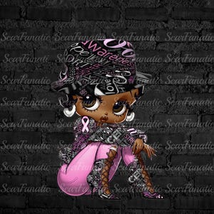 Op de afbeelding: Een cartoonillustratie van een zwarte vrouw die een roze en zwarte hoed draagt met de woorden "Hope, Awareness, Love, Sister, Aunt, Daughter, Mom, Be, Believe, Fight, Strength, Powerful, Breast Cancer" erop geschreven. Ze draagt een roze en zwarte outfit met een roze lint op haar borst. De achtergrond is een zwarte bakstenen muur.