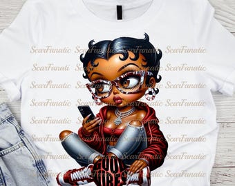 May include: A cartoon illustration of a woman with red lipstick and large glasses wearing a red jacket, blue jeans, and white trainers. She is holding a smartphone and the text "Good Vibes" is on the ground in front of her.