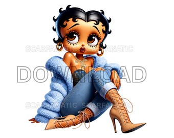 Betty Boop in blue fur coat, blue and gold shirt, blue jeans, high fashion, classy, brown eyes, Sublimation, PNG, DTF, OOAK, high quality