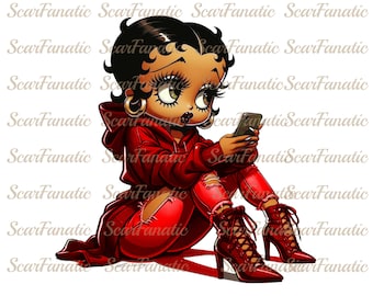 Black Betty Boop in dark red hoodie, ripped jeans, high heel boots, Sublimation, PNG, DTF, 300DPI, high resolution, African American