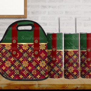 May include: A red, green, and gold insulated lunch bag and three matching tumblers. The bag and tumblers feature a plaid pattern with gold snowflake and logo designs. The tumblers have silver straws and the words "MERRY CHRISTMAS".