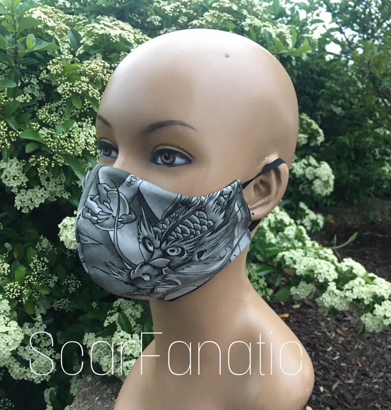 100 Cotton Japanese Dragon Face Mask/ Black And Gray/ MADE IN Etsy