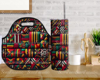 African Textured Black History Month Juneteenth 3D Purse Look Lunch Tote and 20oz Skinny Tumbler Design Bundle Red Yellow Green Black White