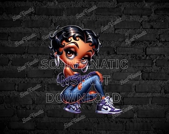 Black Betty Boop in purple shirt, ripped blue jeans, sneakers, classy pose, Sublimation, PNG, DTF, high resolution, African American