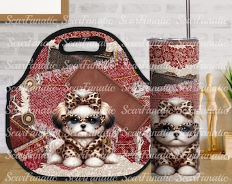 Leopard Print Shih Tzu Digital Design-Cute Dog Sublimation PNG for 20oz Tumblers & Lunch Bags, Denim Lace glitter Background, Design Bundle