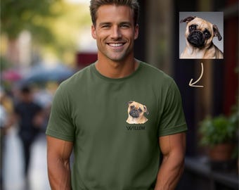 May include: Olive green t-shirt featuring a pug portrait with the name "Willow" below it. The image also includes a small inset of the pug's face and the text "35 colors Available".