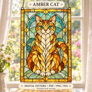 May include: A rectangular stained glass panel featuring an orange tabby cat with green eyes. The cat is centered within a geometric frame of amber and teal glass segments. Text at the top reads AMBER CAT and at the bottom DIGITAL PATTERN PDF PNG SVG.