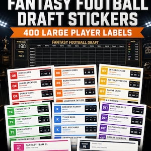 May include: A set of 2026 fantasy football draft stickers featuring 400 large player labels on 20 printable pages. The labels are color-coded by position, including red for quarterbacks, orange for running backs, yellow for wide receivers, green for tight ends, blue for kickers, and purple for team defenses.