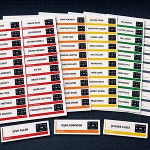 May include: A collection of white paper sheets featuring rows of printed athlete names, team locations, and small black data boxes with white text. The sheets include red, orange, yellow, green, and grey color-coded bars, with three individual labels below.