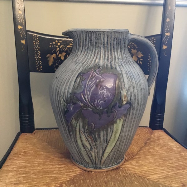 Vintage Emily Pearlman Large Pitcher Vase with Iris, Decorative Art Pottery