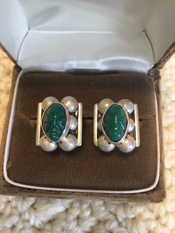 Vintage Sterling Carved Green Onyx Mayan Aztec Tri