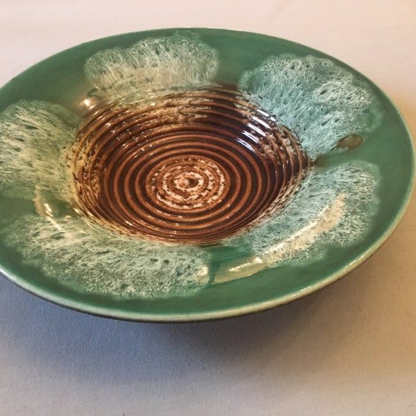 Vintage West German Carstens Tonnieshof Pottery Bowl Shallow Dish Teal Green, Brown, White - Twin House