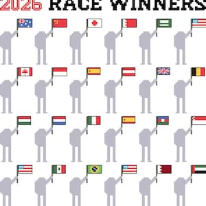 May include: Pixelated illustration of figures holding flags representing various countries. The flags include those of Australia, China, Japan, Bahrain, Canada, Indonesia, Spain, Austria, the United Kingdom, and Belgium. The text "2026 RACE WINNERS" is at the top.
