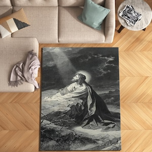 Jesus Prayer Gethsemane Rug | Religious Living Room Decor | Washable Non Slip Mat | Christian Spiritual Gift