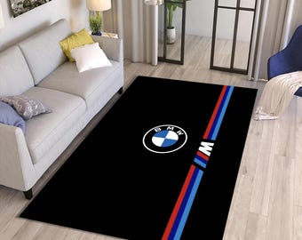 BMW M elektrische vloerkleed | Blauwe en rode vloermat met racestrepen | Modern tapijt voor autoliefhebbers | Wasbaar antislip vloerkleed voor de woonkamer