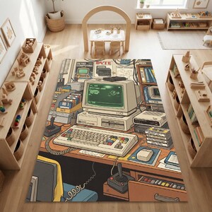 Retro Computer Area Rug | 80s Geek Gaming Room Carpet | Vintage PC Desk Floor Mat | Nostalgic Tech Decor | Washable Non Slip Mat
