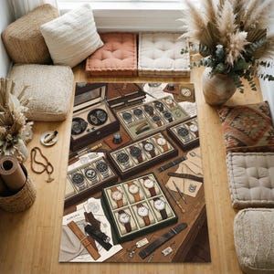 May include: A rectangular area rug featuring a detailed illustration of multiple wooden watch display cases filled with various wristwatches, loose leather watch straps, and technical sketches on a brown wooden desk surface background.