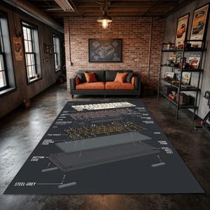 May include: A rectangular area rug featuring a dark gray background with a detailed technical exploded-view diagram of a mechanical keyboard. The graphic includes labels for components like PCB traces, sound damping foam, and steel-grey feet.