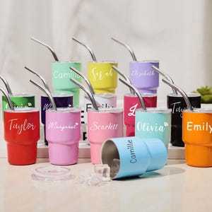 May include: A collection of colorful insulated tumblers with stainless steel straws. Each tumbler is a different color and has a name printed on it in a cursive font. The tumblers are arranged on a white surface.